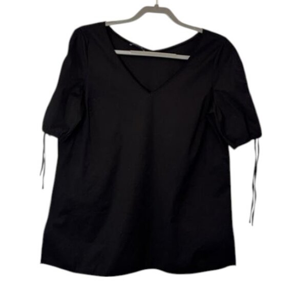 Lafayette 148 New York puff tie sleeves V neck blouse black women's size L - Picture 1 of 3